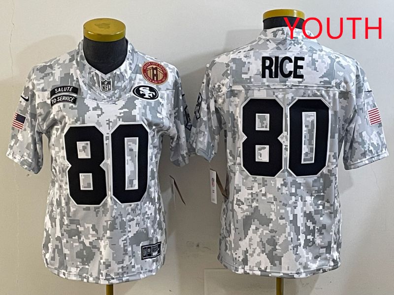 Youth San Francisco 49ers 80 Rice Nike Arctic Camo 2025 Salute to Service Limited NFL Jersey style 5